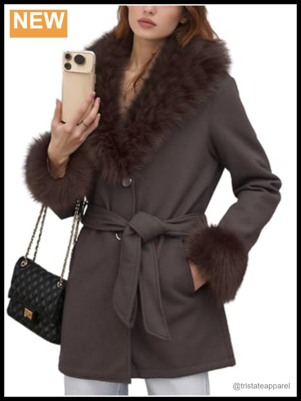 Womens Mid Long Pea Coat with Faux Fur Lapel Collar